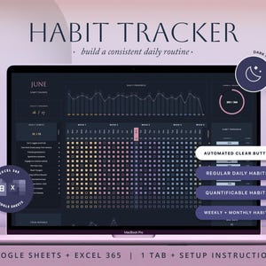 Habit Tracker Google Sheets Spreadsheet, Colorful Habit Tracker Template, Daily Habit Planner, Goal Tracker, Daily Weekly Monthly Routine.