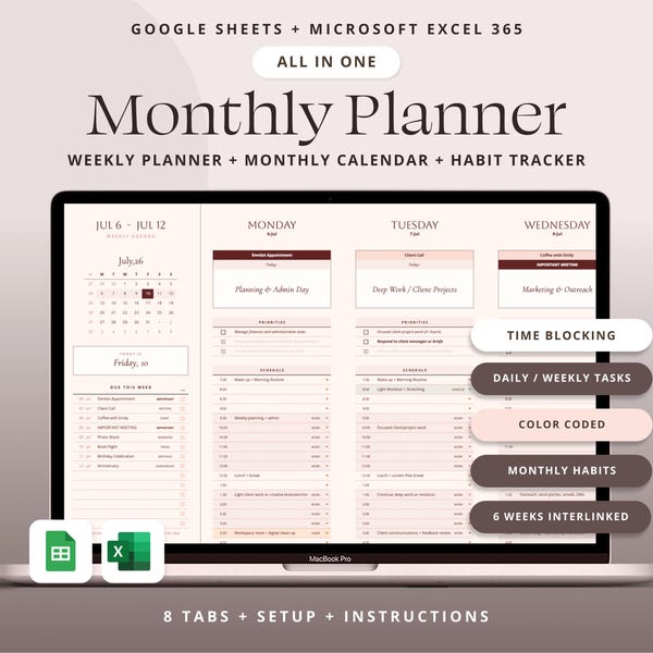 Monthly Life Planner Spreadsheet Google Sheets Daily To Do List Task Tracker Template Daily Weekly Schedule Template Monthly Calendar Excel.