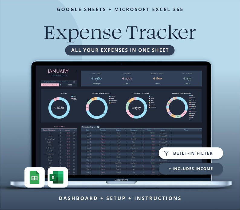 Expense tracker spreadsheet for Google Sheets showing an interactive finance dashboard with automatic charts, spending summary, and customizable budget categories.