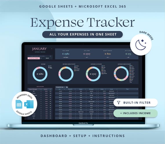 Expense Tracker for Google Sheets Budget Spreadsheet Excel Spending Tracker Template Personal Finance Planner.