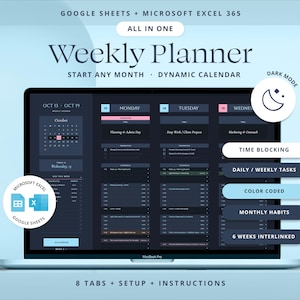 Weekly Planner Google Sheets Life Planner Spreadsheet Adhd Daily Task Tracker Excel Template Time Blocking Schedule.