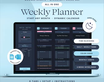 Weekly Planner Google Sheets Life Planner Spreadsheet Adhd Daily Task Tracker Excel Template Time Blocking Schedule.