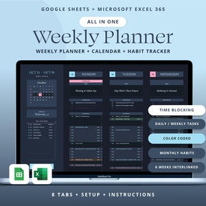 Weekly Planner Google Sheets Life Planner Spreadsheet Adhd Daily Task Tracker Excel Template Time Blocking Schedule.