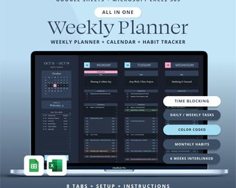 Weekly Planner Google Sheets Life Planner Spreadsheet Adhd Daily Task Tracker Excel Template Time Blocking Schedule.