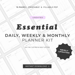 Daily Weekly Monthly Printable Planner Templates Undated Planner Bundle Productivity Planner Set. Fillable PDF. A4, A5, Letter, Half L.