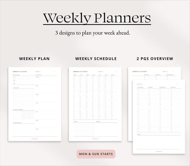 Weekly agenda Planner, Printable weekly planner template, weekly schedule bundle.