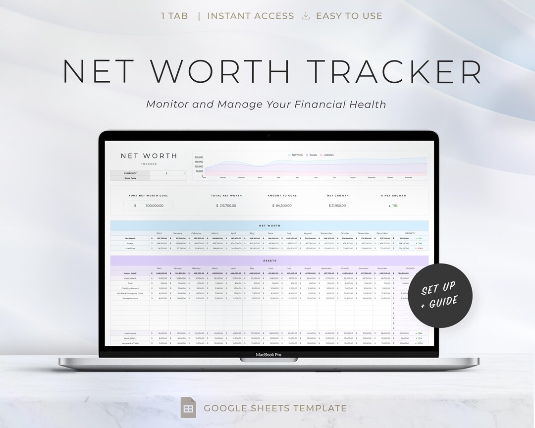 Net Worth Tracker Spreadsheet, Yearly Personal Finance Template for