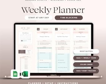 Weekly Schedule Planner Google Sheets Daily Adhd Task Tracker Spreadsheet Excel Digital Time Blocking Checklist Productivity Planner