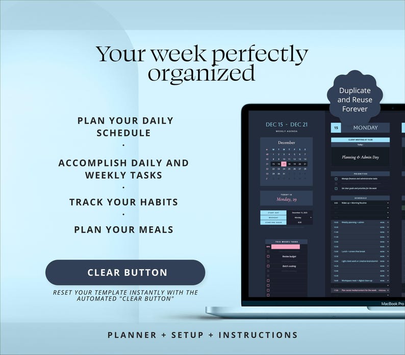 Weekly Planner Google Sheets Daily Task Tracker Spreadsheet Excel ADHD ...