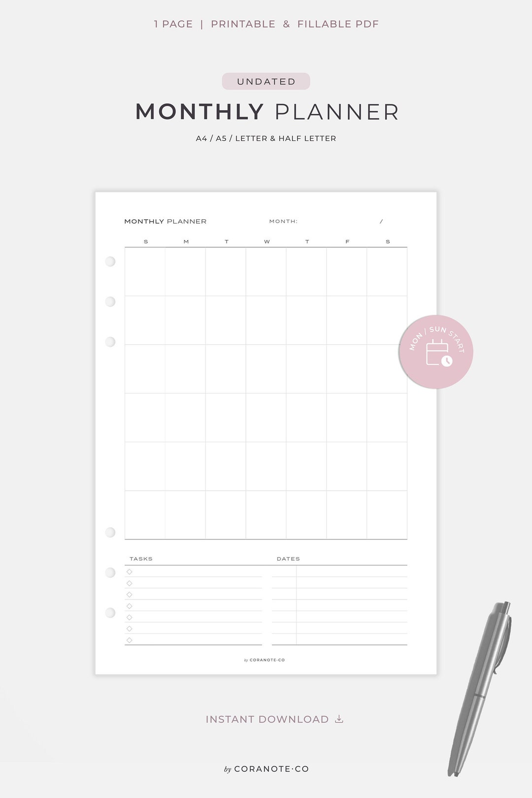 Undated Monthly Calendar Template, Undated Monthly Planner. Printable ...