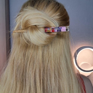 Pink Floral Resin Hair Stick: Handmade Oak Wood Hair Fork