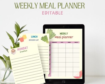 Weekly Meal Planner Printable, Fillable Template, Grocery List (PDF)