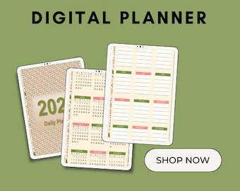 May include: Digital planner with a green background. The words "DIGITAL PLANNER" are in large black letters. Three digital tablets are displayed, showing calendar layouts and the text "2023 Daily Plan". The image also includes the text "SHOP NOW" and "Finance tracker | Hyperlinked Pages".