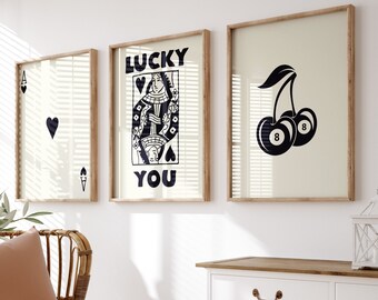 Kunstprintset retro speelkaarten: muurdecoratie gameroom (digitale download)