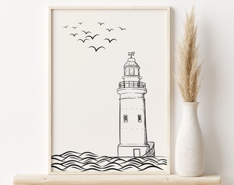 Lighthouse and Birds Print: Coastal Nautical Wall Art (Digital Download)