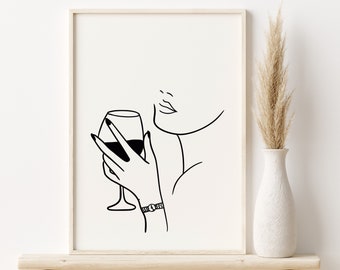 Woman Line Art Wine Print: Minimalist Kitchen Decor (Digital Download)