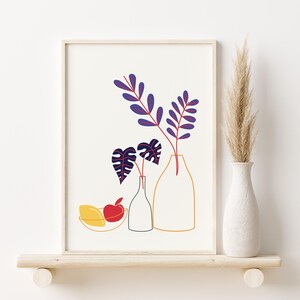 Impresión de arte lineal botánico, descarga digital, decoración minimalista colorida, póster abstracto de frutas y jarrones, arte mural contemporáneo, impresiones modernas