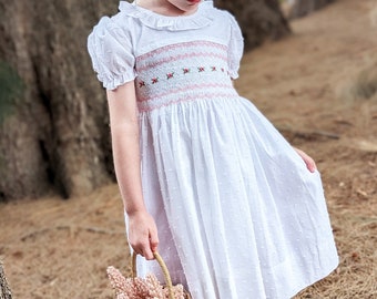 Hand Smocked White Swiss Dot  100% Cotton Girl Kid Child Dress | Party Dress | Handmade  | Hand Embroidered