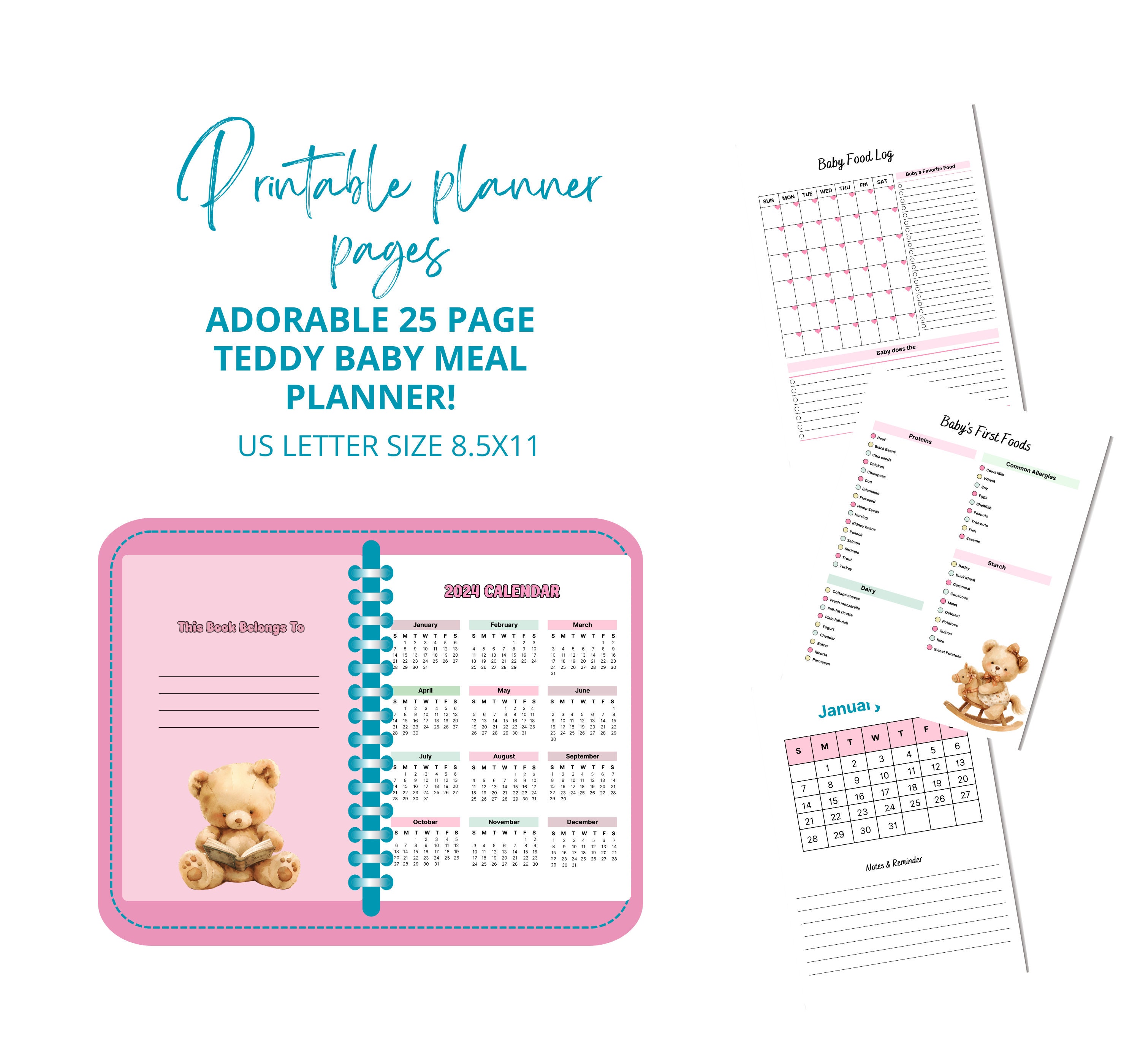 Cute Easy Teddy Bear Baby Meal Tracker PDF Printable Weekly Food