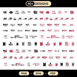 Könnte beinhalten: Eine Sammlung von über 90 schwarz-roten Grafikdesigns mit BTS-Logos, Mitgliedernamen mit Geburtsjahren, Herzsymbolen und Texten wie I Love BTS und BTS World Tour. Die Dateiformate PNG, SVG und PDF sind am unteren Rand aufgeführt.