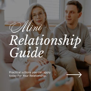 May include: A digital document titled Mini Relationship Guide with the subtitle Practical actions you can apply today For Your Relationship. The page features a photograph of two people sitting on a sofa, with text P.01, 15 AUG, 2026, and ETSY SHOP 2026.