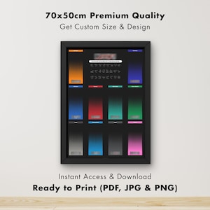 Peut inclure: Une affiche encadrée avec une bordure noire, présentant un fond sombre avec des rectangles dégradés verticaux colorés. L'affiche mesure 70 cm x 50 cm et comprend le texte "Premium Quality" et "Ready to Print".