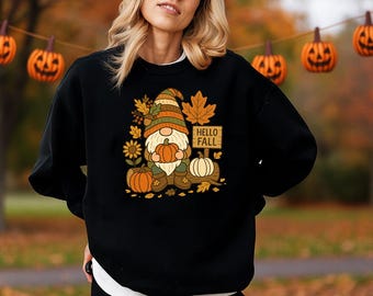 Bluza z nadrukiem "Witaj jesień", urocza bluza z krasnalem na Halloween, jesienna bluza z okrągłym dekoltem w dynię, przytulny sweter jesienny, jesienny sweter z krasnalem dla kobiet