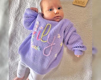 Personalized Hand Embroidered Sweater, Custom Baby Name Knitted Sweater, Comfy Colors New Baby Sweater, Baby Girls Sweater for Birthday Gift