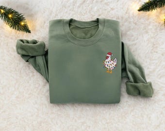 Sudadera navideña con pollo bordado, divertida sudadera navideña de cuello redondo, suéter navideño de animales de granja, sudadera con capucha para amantes de los pollos, regalos de Navidad