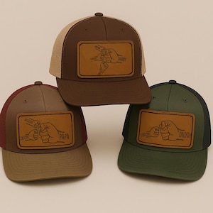 Dad Fist Bump Trucker Hat, Custom Leather Patch Engraved Hat, Father&#39;s Day Gift, Personalized Daddy Cap with Kids Names, Dad Birthday Gift