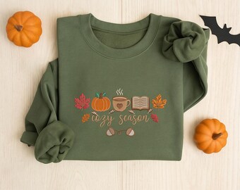 Fall Cozy Season Sweatshirt, Embroidered Fall Crewneck Sweatshirt, Thanksgiving Sweatshirt, Pumpkin Spice Sweater, Autumn Vibes Sweatshirt