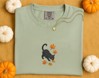 Cute Black Cat Embroidered Shirt, Fall Halloween Cat Shirt, Cozy Autumn Comfort Colors® Shirt, Fall Season Embroidery Shirt, Cat Lovers Gift
