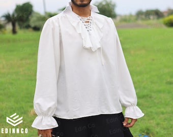 Medeltida vikinga-lajvtunika för män, renässansmässa-estetisk piratskjorta, vikinga-cosplay-skjorta i vintagestil, renässansmässa-tunika med långa ärmar
