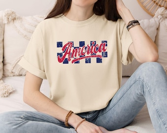 Checkered USA Shirt, Patriotic 4th of July Shirt, Comfort Colors America T-Shirt, Red White and Blue, Independence Day Tee, American's Gift