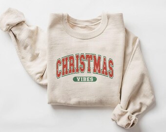 Christmas Vibes-sweater, retro vakantie sweatshirt met ronde hals, leuk wintersweater voor vrouwen, feestelijke kersttrui, gezellige kerstcadeaus