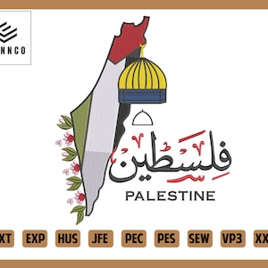May include: An embroidered design of the Palestinian flag with a mosque dome and the Arabic word for Palestine in red and black lettering. The design is surrounded by a border of pink flowers. The words "Palestine" and "DXT EXP HUS JFE PEC PES SEW VP3 XXX" are printed below the design.