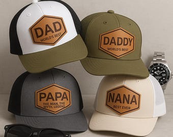 Personalized Dad Trucker Hat, Custom Leather Patch Papa Hat, Engraved Daddy Trucker Hat, Grandpa Patch Hat, Father's Day Gift, Cute Dad Hat