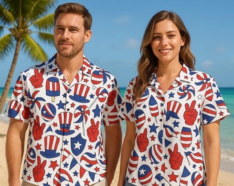 Camisa hawaiana del 4 de julio, camisa patriótica estadounidense, camiseta playera de EE. UU., camisa roja, blanca y azul, camiseta divertida estadounidense, regalos del Día de la Independencia