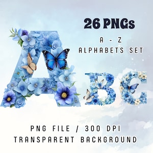 Blumenalphabet A-Z gesetzt, blaue Schmetterlinge PNG, Buchstabe mit blauen Blumen und Schmetterlingen, 26 englisches Alphabet, digitaler Download