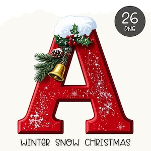 May include: A bold red letter A decorated with a dusting of white snow, green holly leaves, red berries, a pine cone, and a gold bell. The letter features white snowflake accents and the text WINTER SNOW CHRISTMAS at the bottom. A circular badge reads 26 PNG.