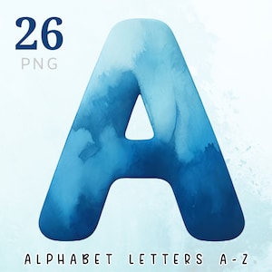 Blaues Aquarell Alphabet A - Z Clipart, Aquarell Buchstaben Png, Hochzeitsbuchstabe PNG, Alphabet Sublimation Digitaler Download