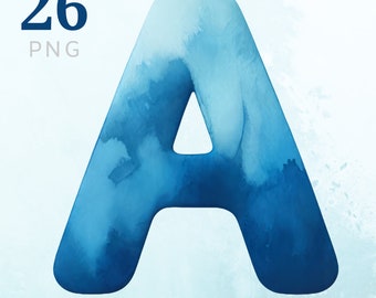 Blue Watercolor Alphabet Clipart: A-Z Letters (PNG Digital Download)