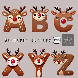 Set di clipart dell'alfabeto delle renne di Natale, lettere carine delle feste PNG, lettere dei cartoni animati festivi per bambini, lettere di Natale stampabili da scaricare in digitale