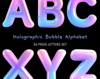 Holographic Bubble Alphabet Sublimation Letters, Uppercase Alphabet Set, 3D Iridescent Font Digital Download