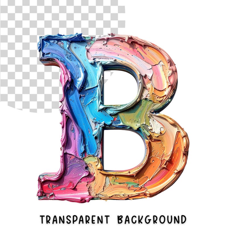Puede incluir: Una letra "B" colorida y texturizada con fondo transparente. La letra est&aacute; pintada con gruesas pinceladas en tonos de azul, rosa, naranja y verde. Las palabras "TRANSPARENT BACKGROUND" est&aacute;n en la parte inferior de la imagen.