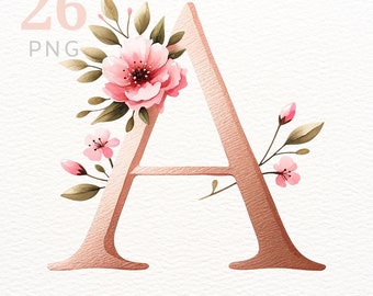 Alfabeto floreale in oro rosa / Fiori rosa acquerello Lettera dalla A alla Z Clipart PNG