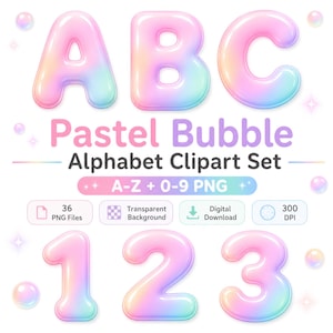May include: A digital clipart set featuring pastel bubble-style letters A, B, C and numbers 1, 2, 3 with a gradient pink, yellow, and blue finish. The text reads Pastel Bubble Alphabet Clipart Set, A-Z + 0-9 PNG, 36 PNG Files, Transparent Background, Digital Download, 300 DPI.