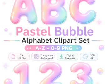 Pastel Bubble Alphabet PNG, Bubble Letters A-Z, Numbers 0-9 PNG, Rainbow Gradient Alphabet Clipart, Glossy Letter Set, Sublimation Design