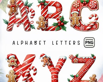 Christmas Alphabet Clipart: Candy Cane Gingerbread Letters (PNG Digital Download)