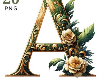 Floral Letter Monogram: Green Flower Alphabet Clipart (PNG Digital Download)